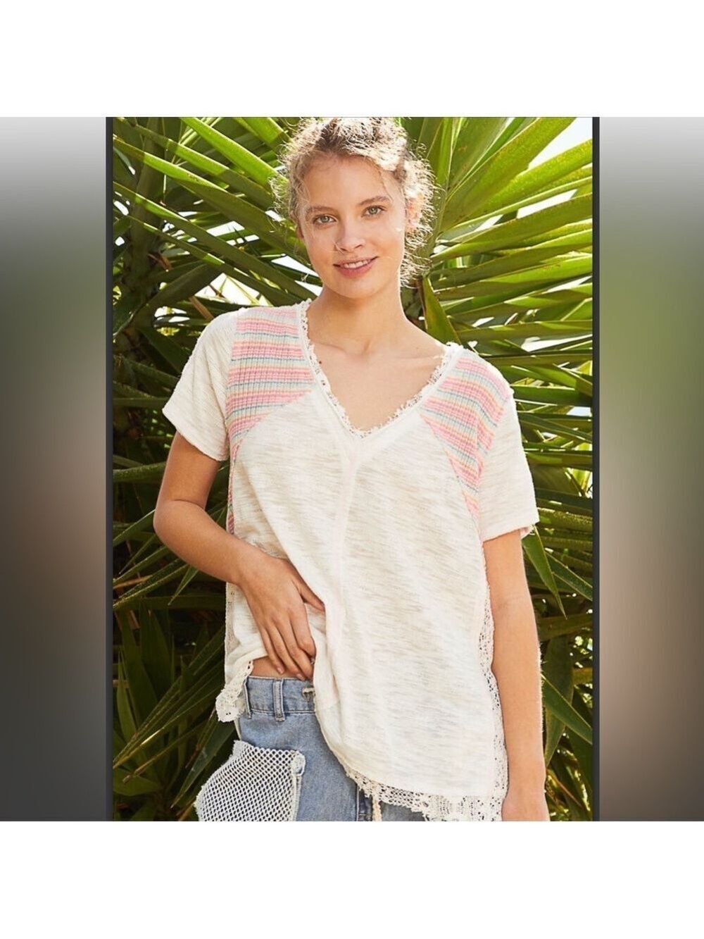 POL Cream and Pink Striped Top
